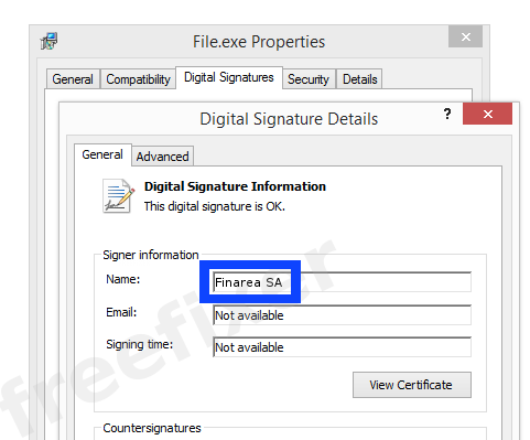 Screenshot of the Finarea SA certificate